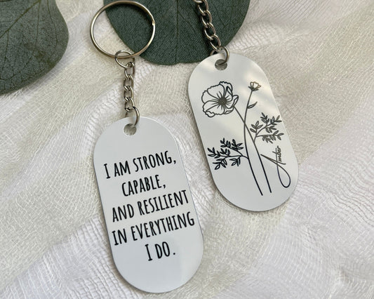 Birth Flower Metal Keychain, Personalized Keyring, Custom Message Name Keychain, Anniversary Gift For Her, Gifts For Bridesmaid, BFF Gifts