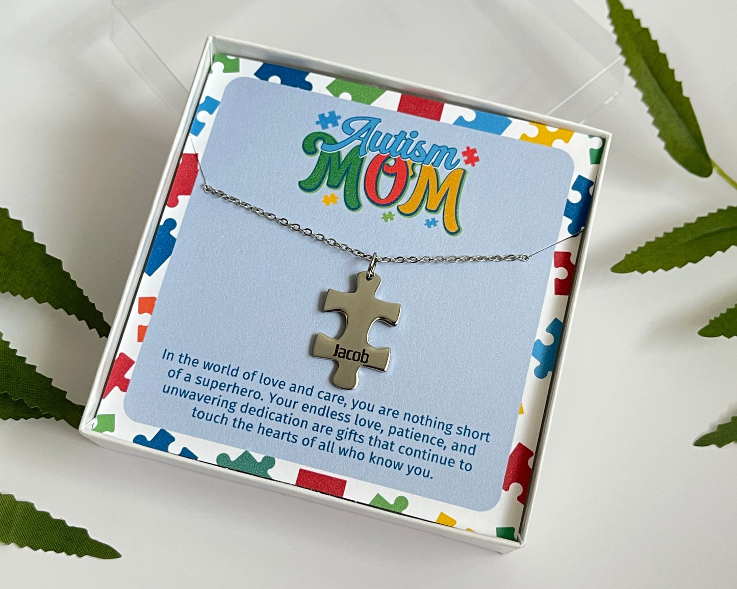 Autism Puzzle Necklace for Mom | Personalized Name Gift | Christmas Stocking Stuffer