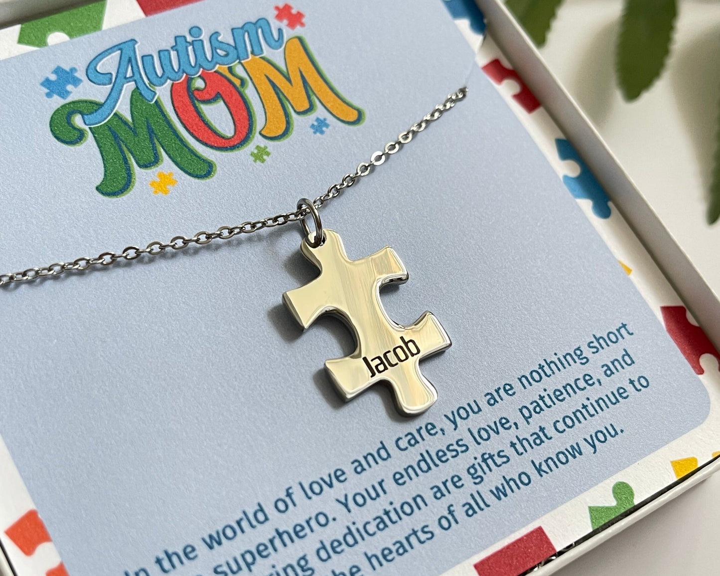 Autism Puzzle Necklace for Mom | Personalized Name Gift | Christmas Stocking Stuffer