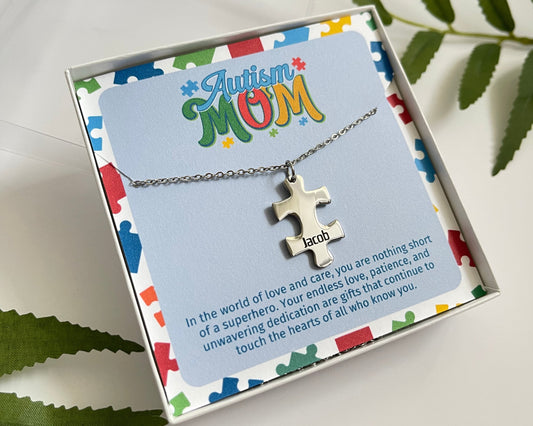 Autism Puzzle Necklace for Mom | Personalized Name Gift | Christmas Stocking Stuffer
