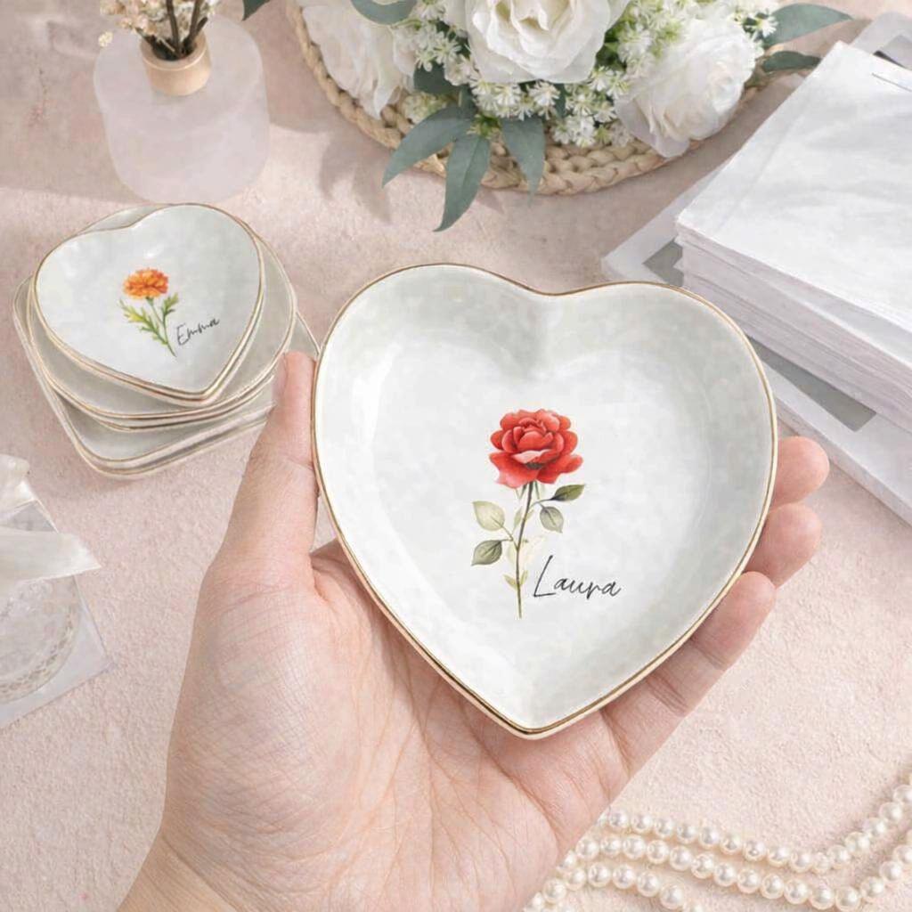 Personalized Birth Flower Ceramic Ring Dish | Bridesmaid Gift, Jewelry Organizer, Trinket Tray, Custom Keepsake
