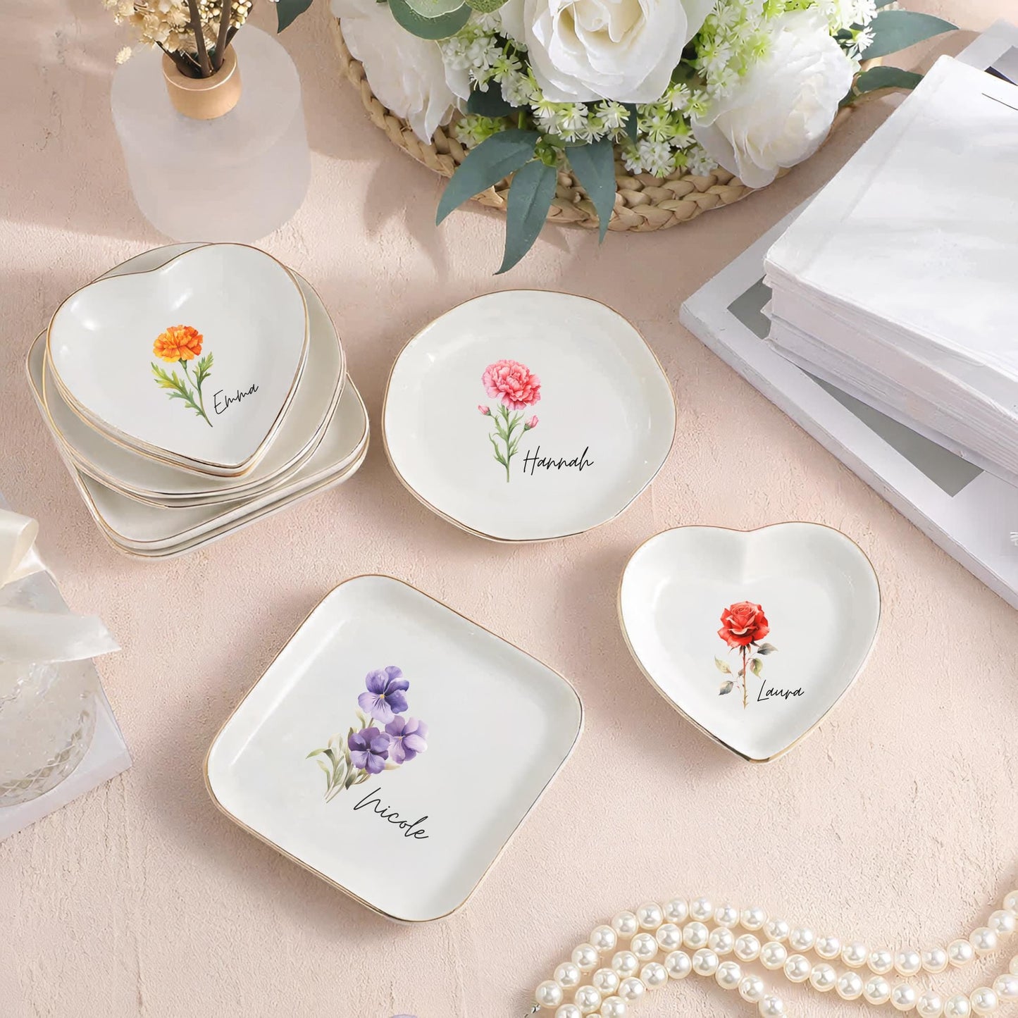 Personalized Birth Flower Ceramic Ring Dish | Bridesmaid Gift, Jewelry Organizer, Trinket Tray, Custom Keepsake