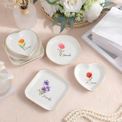 Personalized Birth Flower Ceramic Ring Dish | Bridesmaid Gift, Jewelry Organizer, Trinket Tray, Custom Keepsake