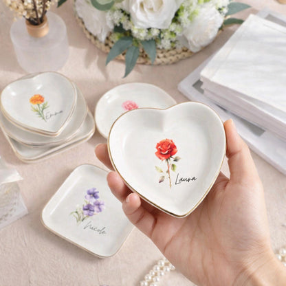 Personalized Birth Flower Ceramic Ring Dish | Bridesmaid Gift, Jewelry Organizer, Trinket Tray, Custom Keepsake