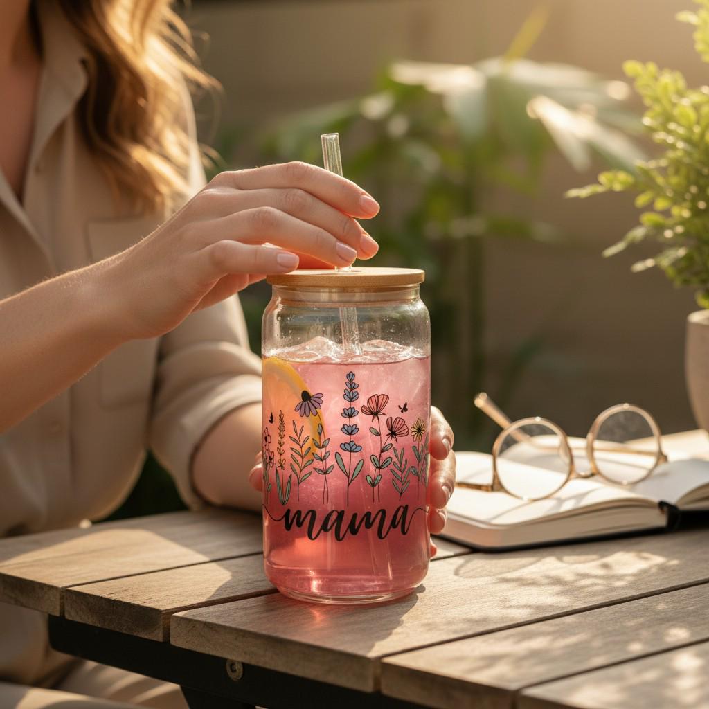 Custom Mama Iced Coffee Glass Cup with Straw, Floral Drinkware Gift