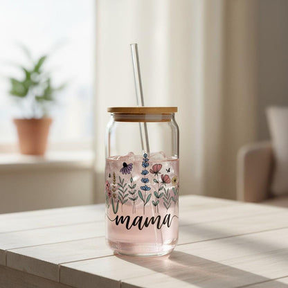 Custom Mama Iced Coffee Glass Cup with Straw, Floral Drinkware Gift