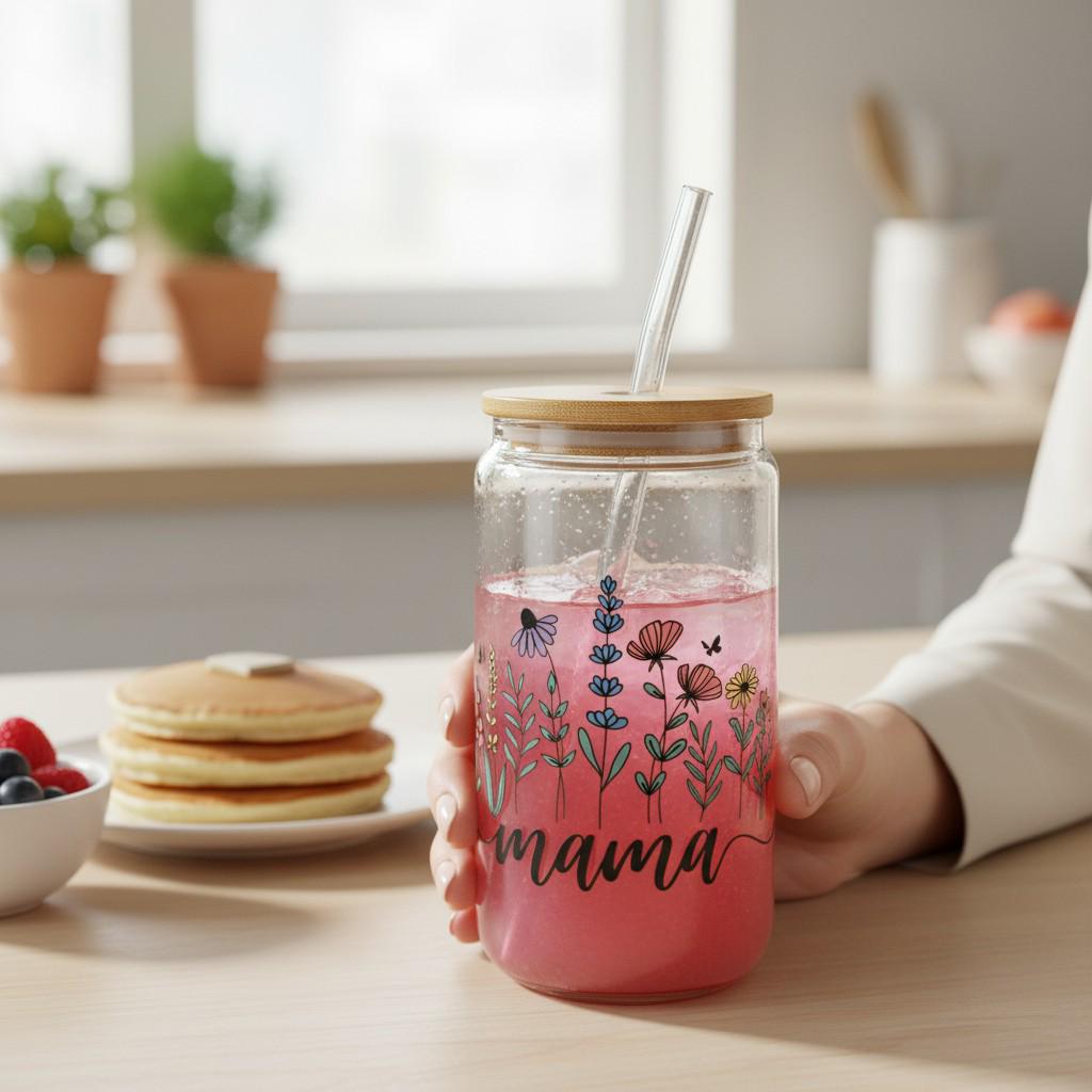 Custom Mama Iced Coffee Glass Cup with Straw, Floral Drinkware Gift