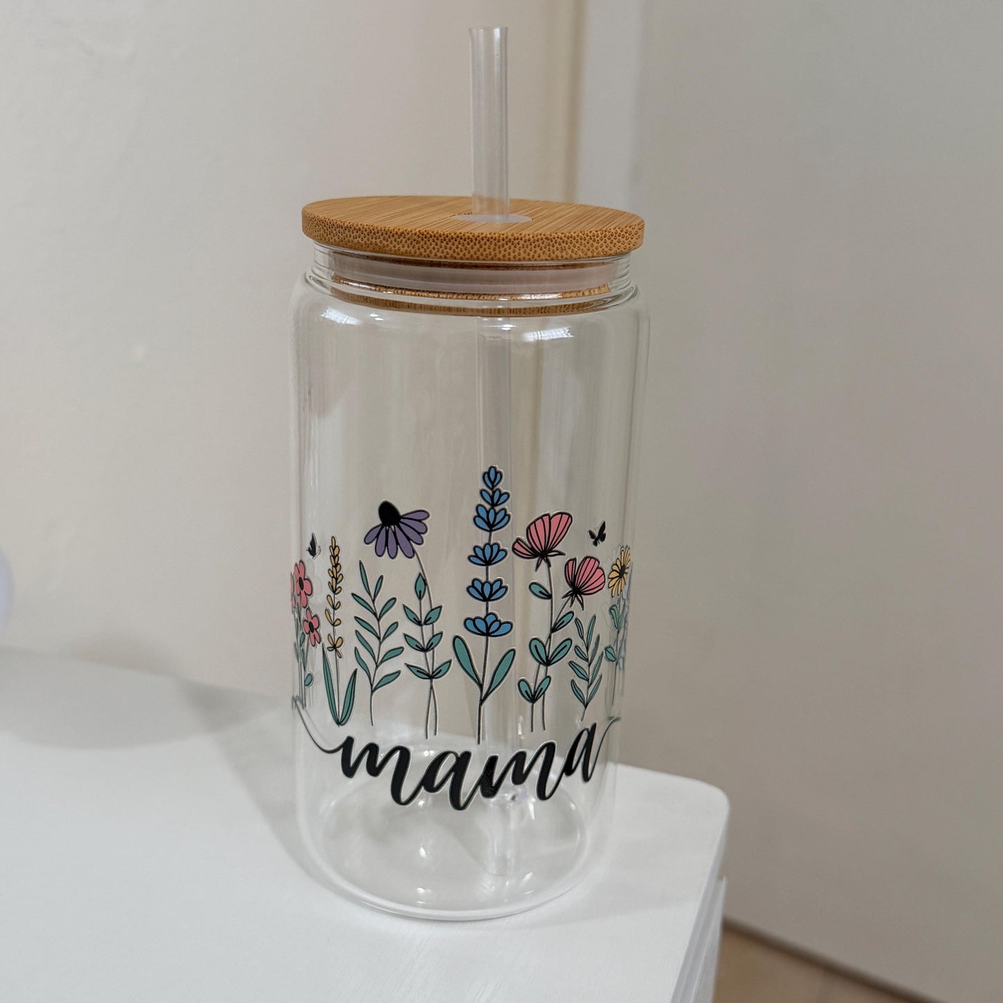 Custom Mama Iced Coffee Glass Cup with Straw, Floral Drinkware Gift