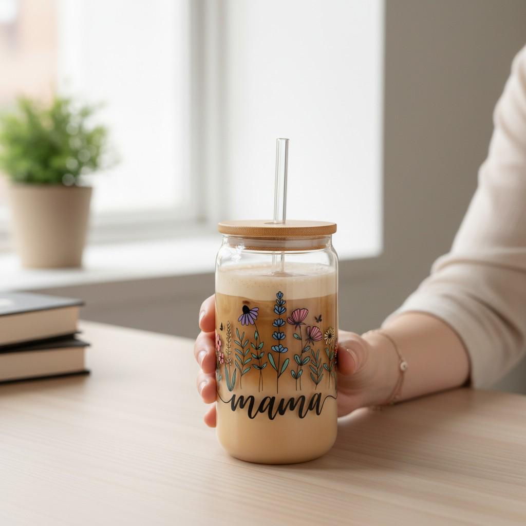 Custom Mama Iced Coffee Glass Cup with Straw, Floral Drinkware Gift