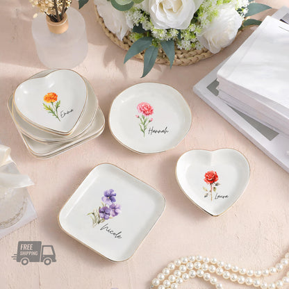Personalized Birth Flower Ceramic Ring Dish | Bridesmaid Gift, Jewelry Organizer, Trinket Tray, Custom Keepsake