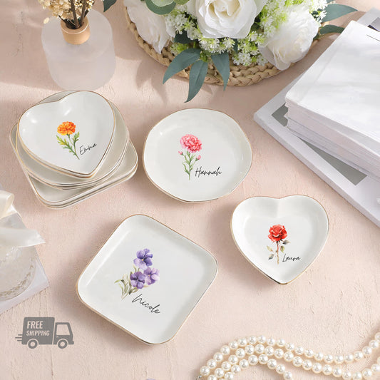 Personalized Birth Flower Ceramic Ring Dish | Bridesmaid Gift, Jewelry Organizer, Trinket Tray, Custom Keepsake