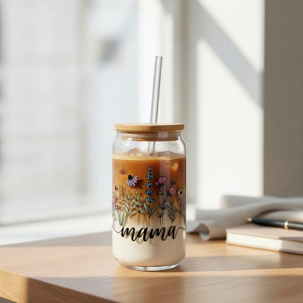 Custom Mama Iced Coffee Glass Cup with Straw, Floral Drinkware Gift