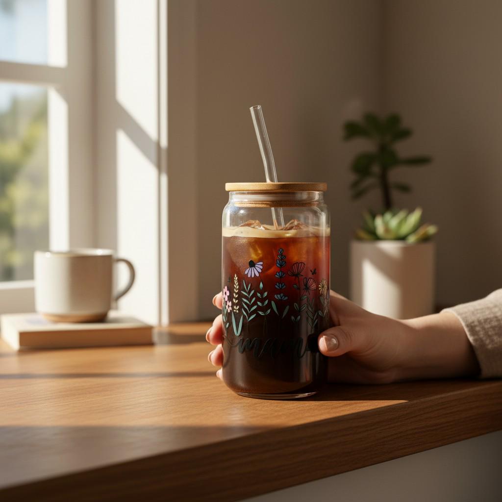 Custom Mama Iced Coffee Glass Cup with Straw, Floral Drinkware Gift