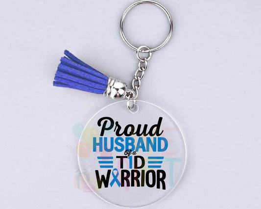 Proud Husband of a T1D Warrior Keychain, Cute Gift Idea, Personalized Key Ring, Diabetes Keyring, Blue Ribbon Keychain, Diabetes Awareness