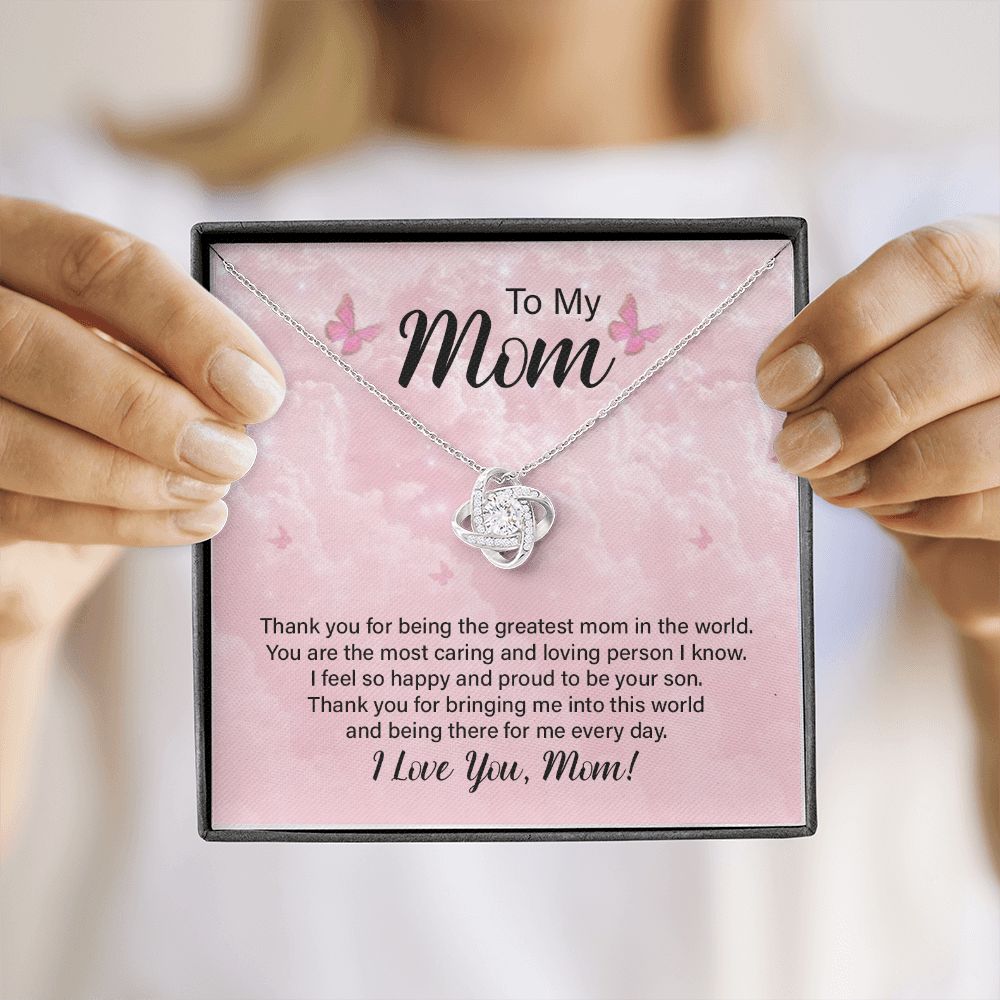 Proud Son gift for Mom, Mothers Day Gift Idea, Mom gift from Son, Bonus Mom gift, Cute Necklace, Fine jewelry, Pink Card for Mom