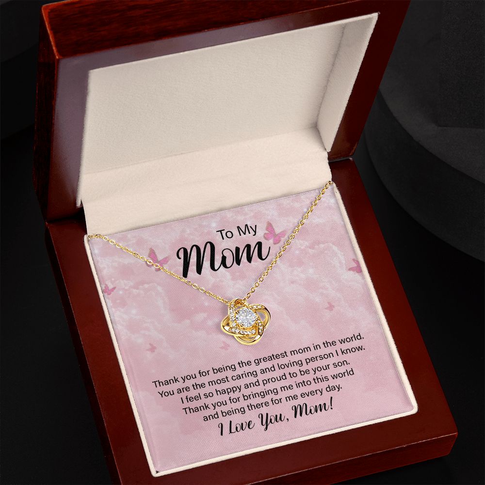 Proud Son gift for Mom, Mothers Day Gift Idea, Mom gift from Son, Bonus Mom gift, Cute Necklace, Fine jewelry, Pink Card for Mom