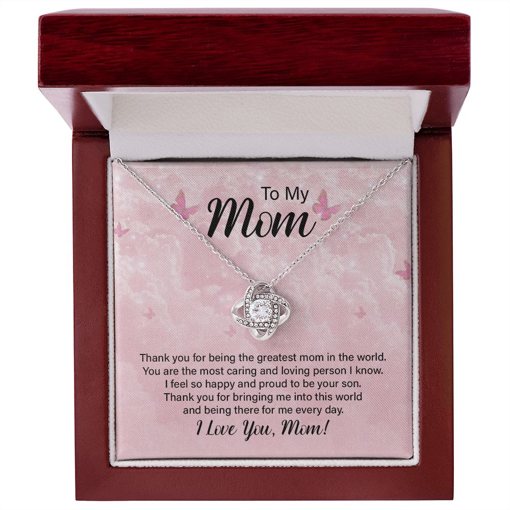 Proud Son gift for Mom, Mothers Day Gift Idea, Mom gift from Son, Bonus Mom gift, Cute Necklace, Fine jewelry, Pink Card for Mom